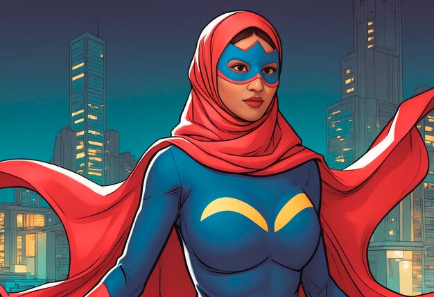 Photo a beautiful muslim woman superhero in a mask and a super hero costume