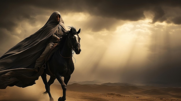 Beautiful Muslim woman warrior and veiled on horseback AI generated image