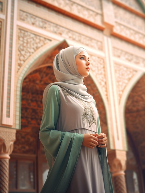 Beautiful Muslim woman wearing hijab in front of mosque