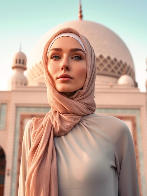 Beautiful Muslim woman wearing hijab in front of mosque