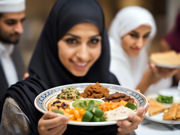 Una bella donna musulmana che indossa l'hijab e offre piatti di iftar seguendo la tradizione islamica roza iftar durante il ramadan kareem