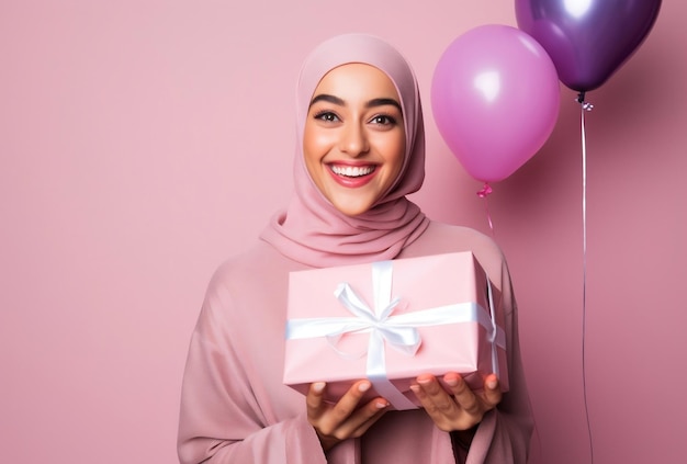 a beautiful Muslim woman with a pose holding a gift wrap in a photo studio balloons background