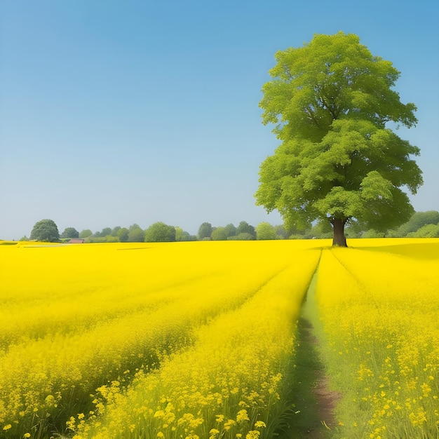 Beautiful mustard flowers in the village mustard field in front at home with tree ai generate