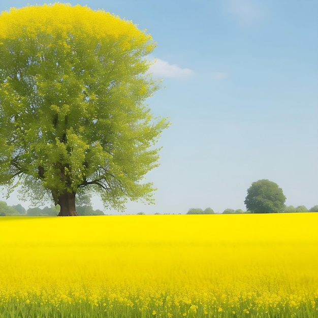 Beautiful mustard flowers in the village mustard field in front at home with tree ai generate