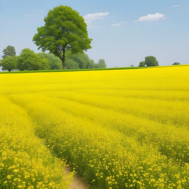 Beautiful mustard flowers in the village mustard field in front at home with tree ai generate