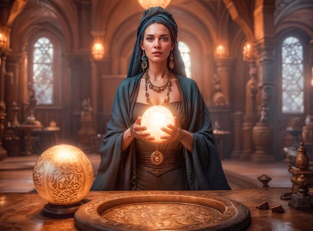 A beautiful mysterious fortune teller with piercing eyes predicts fate on a magic ball