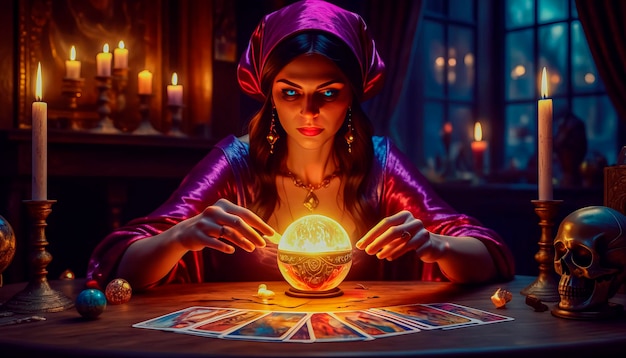 A beautiful mysterious fortune teller with piercing eyes predicts fate on a magic ball