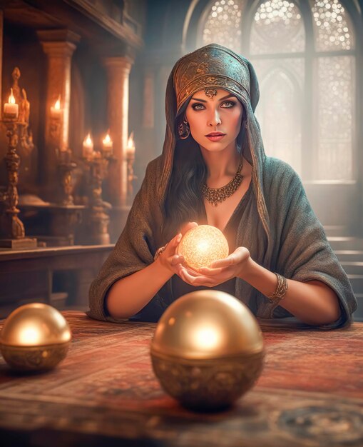 A beautiful mysterious fortune teller with piercing eyes predicts fate on a magic ball