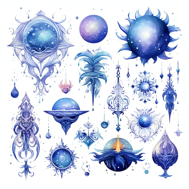 Photo beautiful mystic symbols fantasy watercolor fairytale clipart illustration