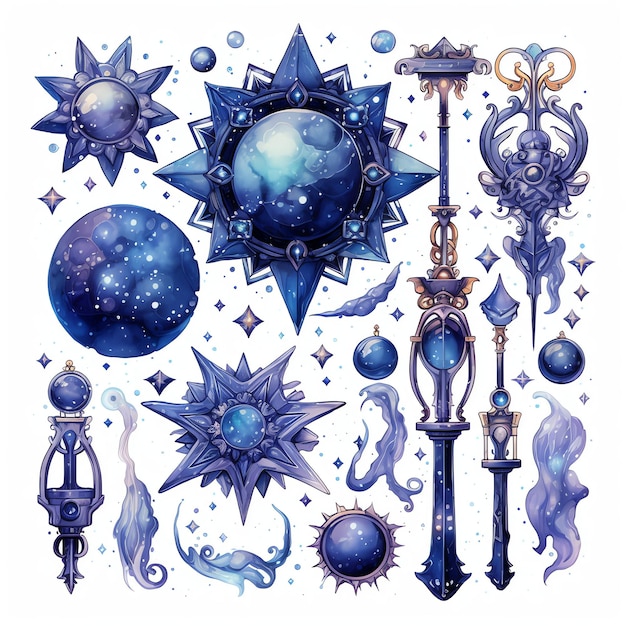 beautiful Mystic tools fantasy watercolor fairytale clipart illustration