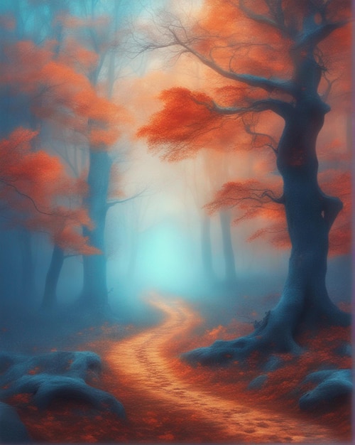 Beautiful Mystical Forest In Blue Fog In Autumn background