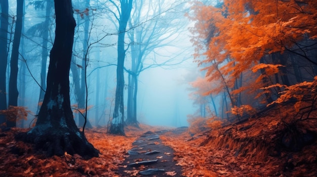 Beautiful mystical forest in blue fog in autumn Colorful landscape with enchanted trees with orange and red leaves Scenery with path in dreamy foggy forest Fall colors in october Nature background