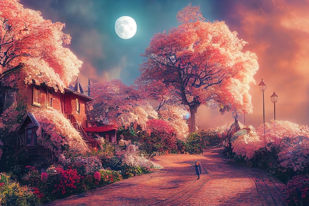 Beautiful mystical forestColorful landscape with enchanted trees Landscape with a path in a dreamy forest nature background 3D rendering raster illustration