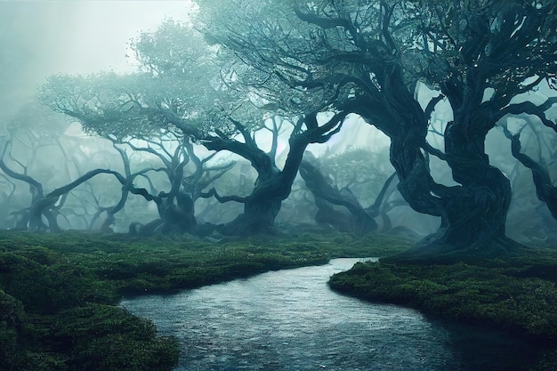 Красивый мистический лесКрасочный пейзаж с заколдованными деревьями Пейзаж с тропинкой