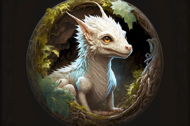 Beautiful mythical beast cute little dragon with white body in circle generative ai