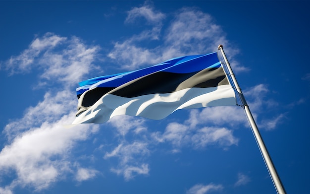 Beautiful national state flag of Estonia fluttering on blue sky