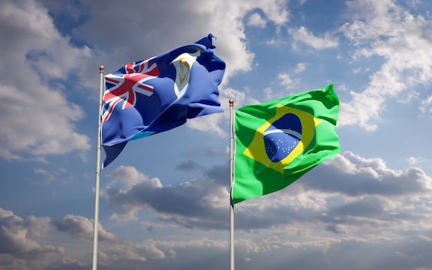 Beautiful national state flags of Brasil and Anguilla together on blue sky