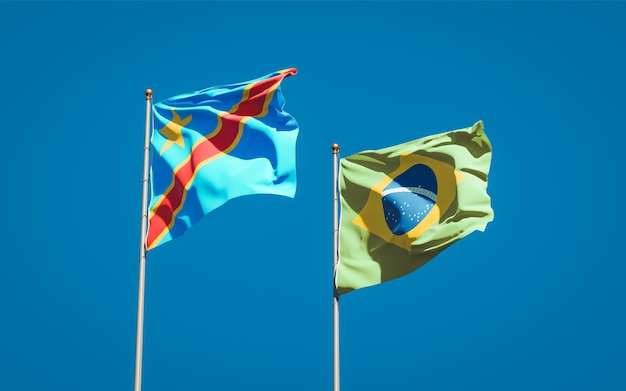 Beautiful national state flags of Brasil and Congo together on blue sky