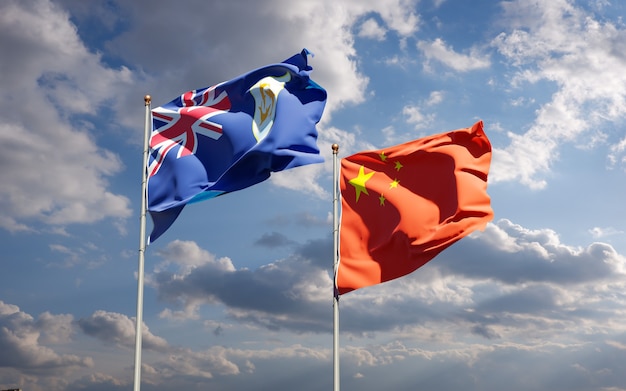 Beautiful national state flags of China and Anguilla together at the sky 