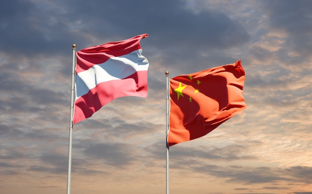 Beautiful national state flags of China and Austria together at the sky 