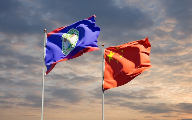 Beautiful national state flags of China and Belieze together at the sky 