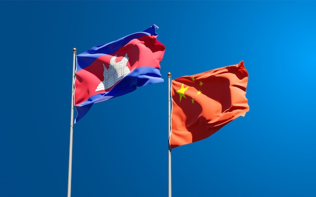 Beautiful national state flags of China and Cambodia together at the sky 