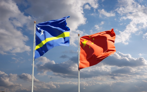 하늘에서 함께 중국과 큐라 소의 아름다운 국가 국기