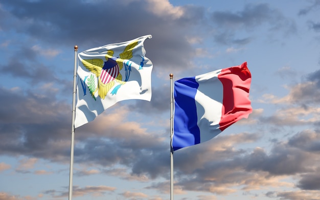 Beautiful national state flags of France and Cyprus together at the sky 