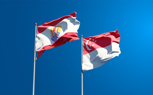 Beautiful national state flags of French Polynesia and Singapore together