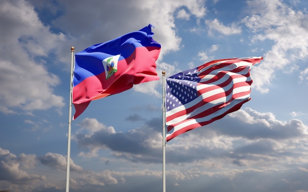 Photo beautiful national state flags of haiti and usa together