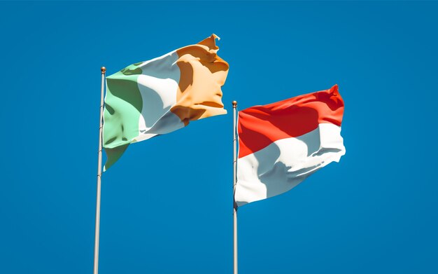 Foto belle bandiere di stato nazionali dell'irlanda e dell'indonesia insieme sul cielo blu