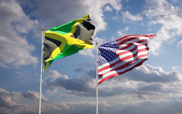 Belle bandiere di stato nazionali della giamaica e degli stati uniti insieme