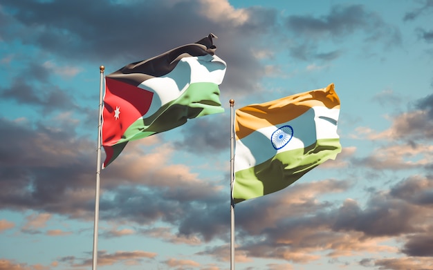 Beautiful national state flags of Jordan and India together