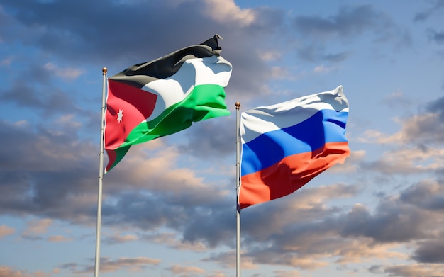 Beautiful national state flags of Jordan and Russia together on blue sky. 3D artwork