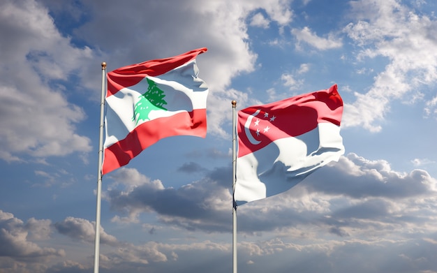 Beautiful national state flags of Lebanon and Singapore together