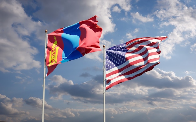 Beautiful national state flags of Mongolia and USA together