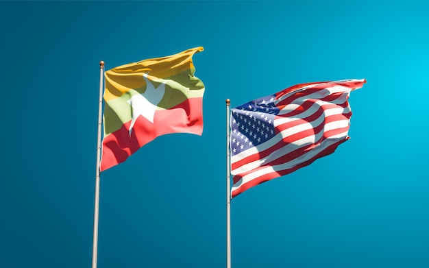 Beautiful national state flags of Myanmar and USA together