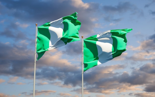 Beautiful national state flags of Nigeria and Nigeria together on blue sky