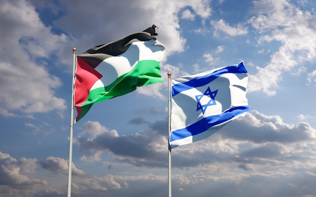 Beautiful national state flags of Palestine and Israel together at the sky background. 3D artwork concept.