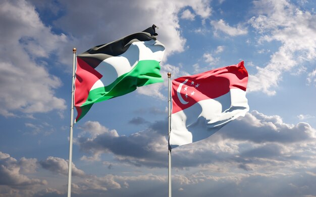 Beautiful national state flags of Palestine and Singapore together