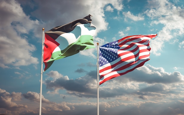 Beautiful national state flags of Palestine and USA together