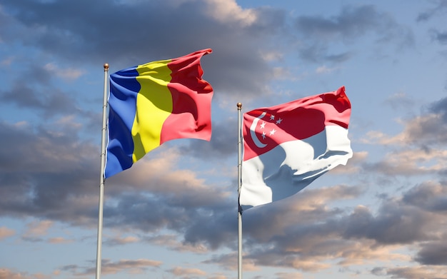 Beautiful national state flags of Romania and Singapore together