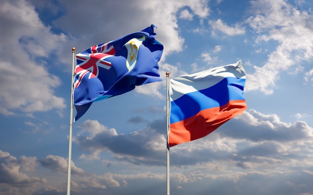 Beautiful national state flags of Russia and Anguilla together on blue sky. 3D artwork