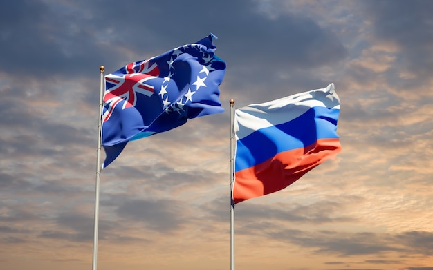 Beautiful national state flags of russia and cook island
together on blue sky. 3d artwork