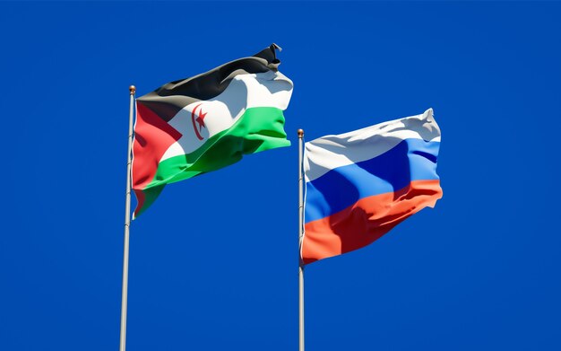 Красивые национальные государственные флаги Сахарови и России вместе на голубом небе. 3D изображение