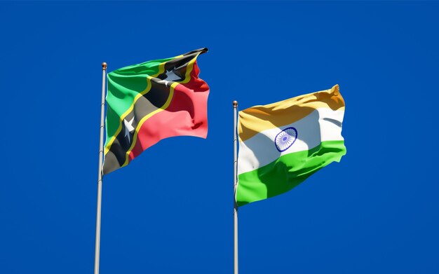 Beautiful national state flags of Saint Kitts and Nevis and India together