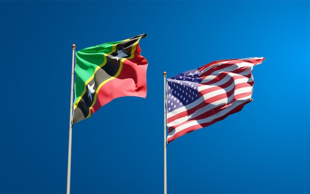 Beautiful national state flags of Saint Kitts and Nevis and USA together
