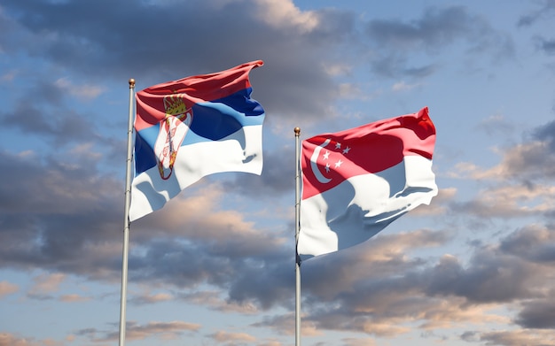 Beautiful national state flags of Serbia and Singapore together