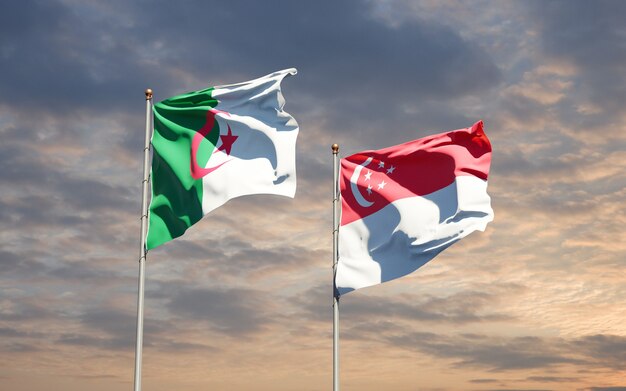 Beautiful national state flags of Singapore and Algeria