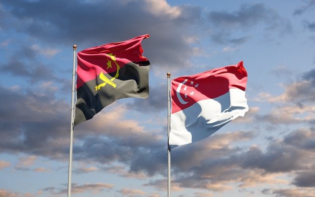 Beautiful national state flags of Singapore and Angola